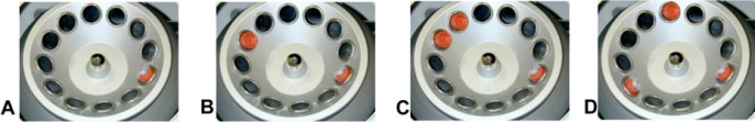    Which image shows the proper placement of same volume specimens when using the centrifuge? (check all that apply)  A)  Images A, B B)  Images B, D C)  Images A, C D)  Images D, A 