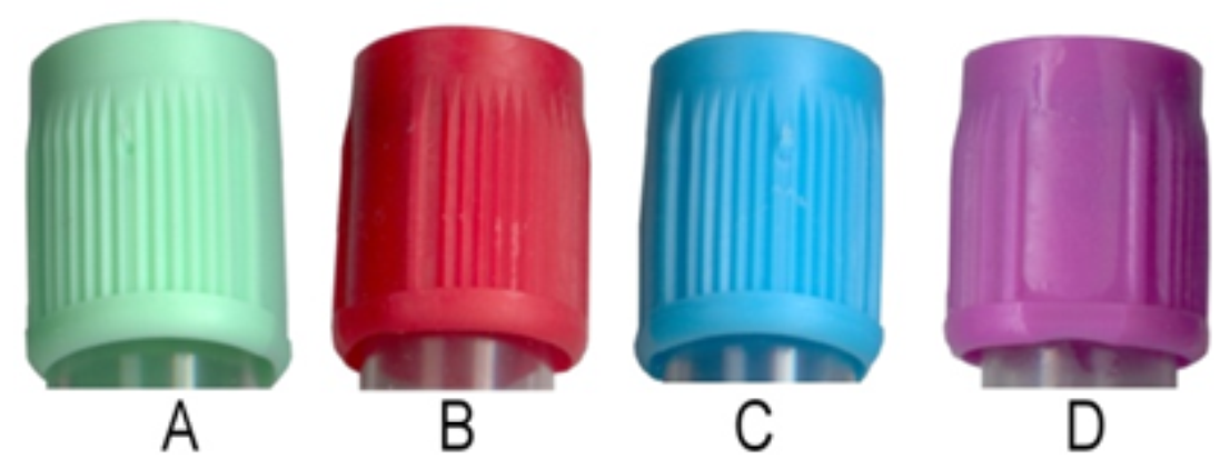    Select the evacuated tube, represented by the stoppers in this image that should be used to collect blood for a complete blood count (CBC) . A)  Image A B)  Image B C)  Image C D)  Image D 