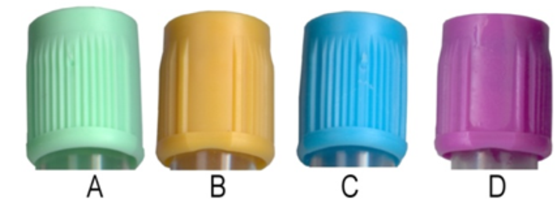   -Select the evacuated tube, represented by the stoppers in this image that should be used to collect blood for coagulation studies. A)  Image A B)  Image B C)  Image C D)  Image D 