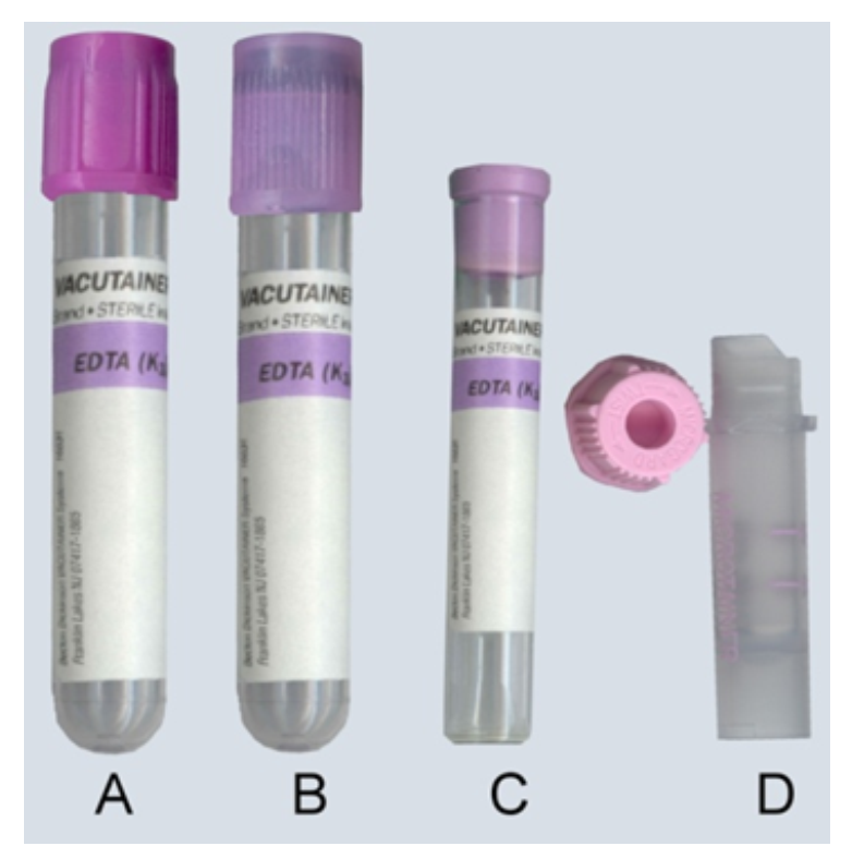   -Select which blood collection container(s)  in this image are appropriate for collecting blood from a small child. A)  Images A, B, C B)  Images B, C, D C)  Images C, D, A D)  Images D, B, A 