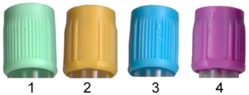    Place the blood collection containers, shown in this image, in their proper order-of-draw. A)  1,2,3,4 B)  2,4,1,3 C)  3,2,1,4 D)  4,3,2,1 