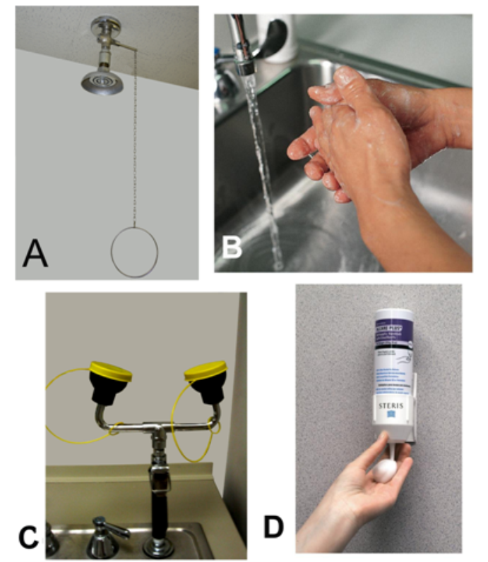   -While transferring a specimen from the collection container to a transport container for shipping, the phlebotomist splashed the specimen in her eyes. Which image best represents what should occur next? A)  Image A B)  Image B C)  Image C D)  Image D 