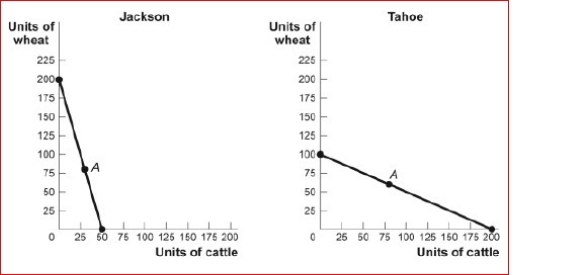 Figure: The Production Possibility Frontiers for Jackson and Tahoe    (Figure: The Production Possibility Frontiers for Jackson and Tahoe) Look at the figure The Production Possibility Frontiers for Jackson and Tahoe.In autarky, Jackson produces and consumes 30 head of cattle and 80 bushels of wheat, while Tahoe produces and consumes 80 head of cattle and 60 bushels of wheat.If both nations specialize completely in the good of their comparative advantage and Jackson exports 120 bushels of wheat to Tahoe in exchange for 60 head of cattle, then the new consumption point for Jackson after trade is bushels of wheat and head of cattle.  A.120; 30 B.120; 60 C.80; 60 D.200; 100