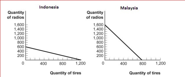 Figure: The Production Possibilities for Two Countries      (Figure: The Production Possibilities for Two Countries) Look at the figure The Production Possibilities for Two Countries.The opportunity cost of producing 1 tire in Indonesia is ________ radio(s), while the opportunity cost of producing 1 tire in Malaysia is radio(s).  A.1/2; 2 B.2; 1 C.600; 800 D.800; 1,200