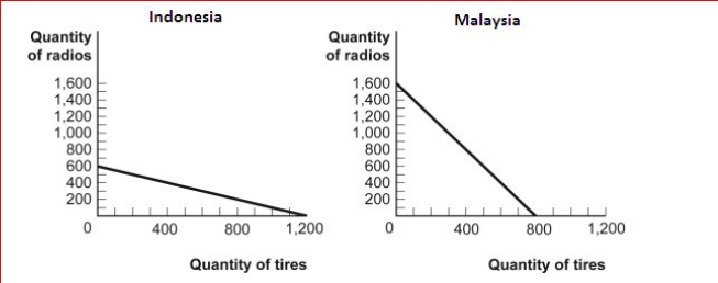 Figure: The Production Possibilities for Two Countries      (Figure: The Production Possibilities for Two Countries) Look at the figure The Production Possibilities for Two Countries.If Indonesia specializes in the production of the good of its comparative advantage, it will produce:  A.600 radios. B.800 radios. C.800 tires. D.1,200 tires.