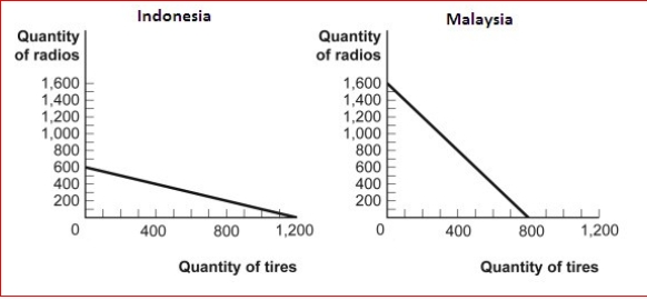 Figure: The Production Possibilities for Two Countries    (Figure: The Production Possibilities for Two Countries) Look at the figure The Production Possibilities for Two Countries.If Malaysia specializes in the production of the good of its comparative advantage, it will produce:  A.800 radios. B.1,600 radios. C.800 tires. D.1,200 tires.