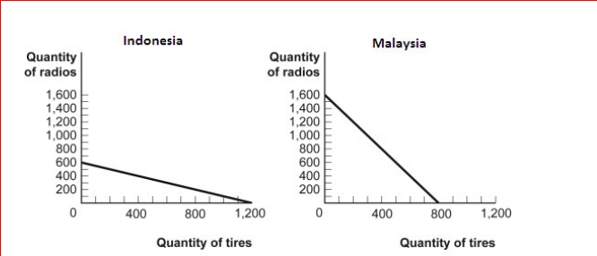 Figure: The Production Possibilities for Two Countries      (Figure: The Production Possibilities for Two Countries) Look at the figure The Production Possibilities for Two Countries.If Indonesia and Malaysia trade 1 radio for 1.5 tires, the most that Indonesia can consume is ________ radios and tires, while the most that Malaysia can consume is ________ radios and tires.  A.300; 600; 800; 200 B.1,200; 400; 800; 200 C.400; 600; 1,200; 600 D.600; 600; 600; 600