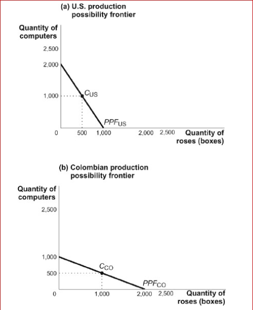 Figure: Comparative Advantage and the Production Possibility Frontier      (Figure: Comparative Advantage and the Production Possibility Frontier) Look at the figure Comparative Advantage and the Production Possibility Frontier.In the figure, has an absolute advantage in the production of and a comparative advantage in the production of _.  A.the United States; computers; roses B.Colombia; computers; roses C.the United States; computers; computers D.Colombia; roses; computers