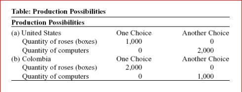     (Table: Production Possibilities) Look at the table Production Possibilities.According to the data in the table, the opportunity cost of 1 computer for ________ is _.  A.the United States; 2 boxes of roses B.Colombia; 1/2 box of roses C.the United States; 1/2 box of roses D.Colombia; 1 box of roses