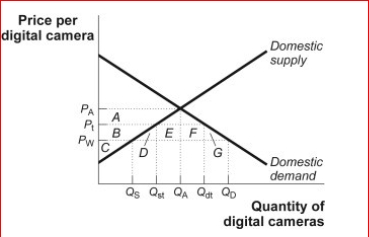 Figure: The Market for Digital Cameras with Tariff      (Figure: The Market for Digital Cameras with Tariff) Look at the figure The Market for Digital Cameras with Tariff.The graph refers to the domestic market for digital cameras with a domestic price of PA and a world price of PW.The domestic government decides to impose a tariff on each imported digital camera, and the new price is Pt.In the graph, identify the area that corresponds to the tax revenue collected by the government.Identify the area that corresponds to the deadweight loss that results from the tariff.