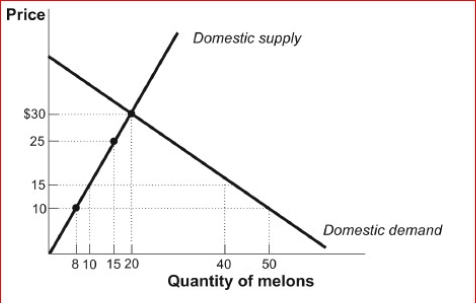 Figure: The Market for Melons in Russia II      (Figure: The Markets for Melons in Russia II) Look at the figure The Market for Melons in Russia II.Suppose producers lobby effectively for the imposition of a tariff that raises the world price to $15.Tariff revenue to the government will equal:  A.$150. B.$200. C.$50. D.$5.