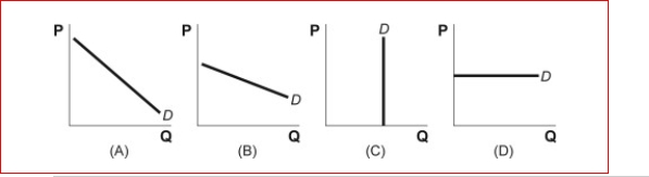 Figure: Demand Curves   (Figure: Demand Curves)  Look at the figure Demand Curves.Which graph shows a perfectly elastic demand curve? A) A B) B C) C D) D 
