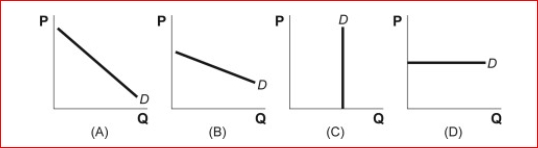 Figure: Demand Curves     (Figure: Demand Curves)  Look again at the figure Demand Curves.Which graph shows a perfectly inelastic demand curve? A) A B) B C) C D) D 