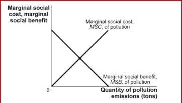 Figure: The Socially Optimal Quantity of Pollution     (Figure: The Socially Optimal Quantity of Pollution)  In the figure The Socially Optimal Quantity of Pollution, the optimal level of pollution is: A) zero, since no pollution is best for society. B) where the marginal social benefit curve intersects the quantity axis. C) where the marginal social cost curve intersects the quantity axis. D) where the marginal social benefit curve intersects the marginal social cost curve. 