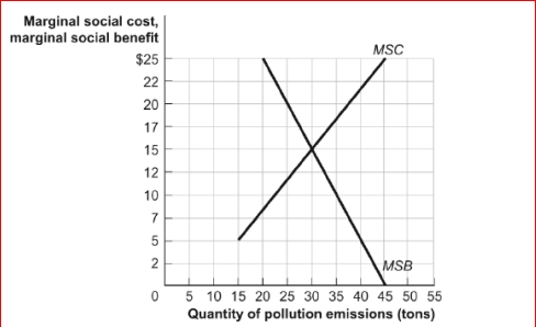 Figure: Efficiency and Pollution     (Figure: Efficiency and Pollution)  Look at the figure Efficiency and Pollution.If the government imposed an environmental standard that did not allow the quantity of pollution to exceed 40 tons, there would be: A) a socially optimal quantity of pollution. B) too little pollution, because the marginal social benefit of pollution would exceed the marginal social cost of pollution. C) too much pollution, because the marginal social cost of pollution would exceed the marginal social benefit of pollution. D) too much pollution, because any pollution is too much from an economist's perspective. 