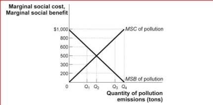 Figure: MSB and MSC of Pollution     (Figure: MSB and MSC of Pollution)  The figure MSB and MSC of Pollution shows the marginal social cost and marginal social benefit of pollution.What level of pollution would be emitted in a market economy without government regulation? A) Q₁ B) Q₂ C) Q₃ D) Q4 