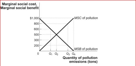 Figure: MSB and MSC of Pollution     (Figure: MSB and MSC of Pollution)  The figure MSB and MSC of Pollution shows the marginal social cost and marginal social benefit of pollution.What level of pollution represents the socially optimal level? A) Q₁ B) Q₂ C) Q₃ D) Q4 