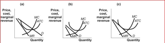 Figure: Monopolistic Competition II     (Figure: Monopolistic Competition II)  Which of the panels in the figure Monopolistic Competition II shows a monopolistic competitor earning a profit in the short run? A) panel a B) panel b C) panel c D) panels a and c 