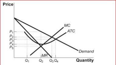 Figure: A Rock Climbing Shoe Monopoly     (Figure: A Rock Climbing Shoe Monopoly)  Look at the figure A Rock Climbing Shoe Monopoly.If the firm acts to maximize profit, the firm will sell pairs of shoes at a Price of per pair. A) Q₂; P₁ B) Q₂; P5 C) Q₃; P₂ D) Q4; P₃ 