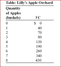     (Table: Lilly's Apple Orchard) Look at the table Lilly's Apple Orchard.Lilly is the price-taking owner of an apple orchard; its variable costs are given in the table.Her orchard has fixed costs of $30.If the price of a bushel of apples is $35, her economic profit will be equal to:  A.-$30 B.-$5 C.D$0 D.$5