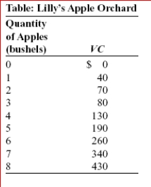     (Table: Lilly's Apple Orchard) Look at the table Lilly's Apple Orchard.Lilly is the price-taking owner of an apple orchard; the orchard's variable costs are given in the table.Her orchard has fixed costs of $30.If the price of a bushel of apples is $85, we would expect:  A.total industry output to rise and Lilly's output to rise in the long run. B.total industry output to fall and Lilly's output to fall in the long run. C.total industry output to fall and Lilly's output to rise in the long run. D.total industry output to rise and Lilly's output to fall in the long run.