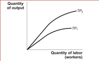 Figure: Change in the Total Product     (Figure: Change in the Total Product)  Look at the figure Change in the Total Product.The figure shows a production function that moves from TP₁ to TP₂.Which of the following choices is a likely cause of this shift? A) Workers in the firm are less productive on average. B) The firm employed more of a variable input in the short run. C) The firm has suffered a decrease in available technology. D) The firm employed more of a fixed input in the long run. 