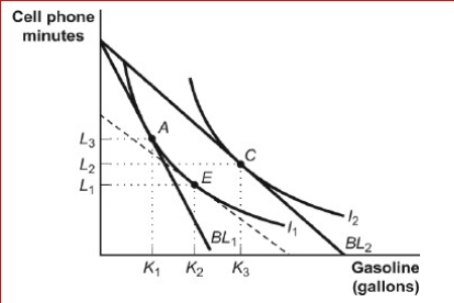 Figure: Income and Substitution Effects     (Figure: Income and Substitution Effects)  Look at the figure Income and Substitution Effects.Carlos is originally consuming his optimal consumption bundle at point A in the figure when the price of gasoline falls.The movement from K2 to K3 reflects: A) the total change in quantity demanded due to the decrease in the price of gasoline. B) the income effect of the price decrease of gasoline. C) the substitution effect of the price decrease of gasoline. D) the income effect of the price decrease of gasoline and the substitution effect of the price decrease of gasoline. 