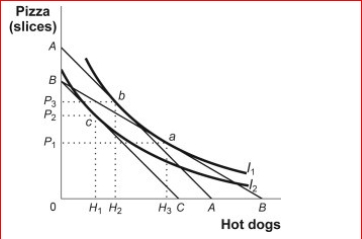 Figure: Indifference Curves and Consumption Bundles     (Figure: Indifference Curves and Consumption Bundles)  Look at the figure Indifference Curves and Consumption Bundles.In the figure, the lines AA and BC are parallel.The optimal consumption point could shift from b to c as a result of any of the following except: A) an equal percentage increase in the prices of both hot dogs and pizza while income is unchanged. B) a decrease in income with prices constant. C) a change in tastes. D) an equal percentage increase in the prices of both hot dogs and pizza while income is unchanged or as a result of a decrease in income with prices constant. 