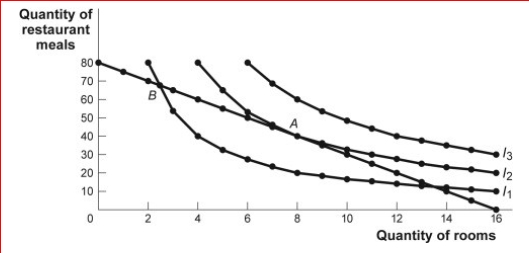 Figure: The Optimal Consumption Bundle     (Figure: The Optimal Consumption Bundle)  Look at the figure The Optimal Consumption Bundle.In the figure, which of the following could lead to an optimal consumption bundle on indifference curve I3? A) an increase in income B) an increase in the price of restaurant meals C) an increase in the price of rooms D) a decrease in income 