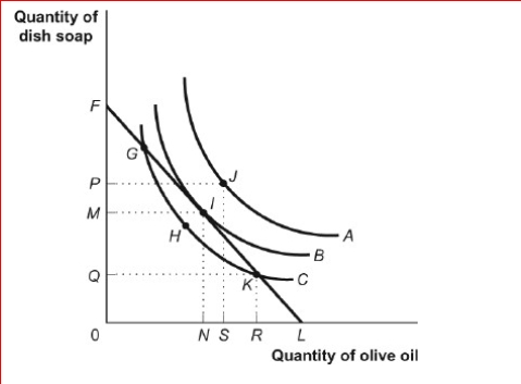 Figure: Consumer Equilibrium II     (Figure: Consumer Equilibrium II)  Look at the figure Consumer Equilibrium II.Assume Ashyra currently consumes at point I.Given the budget constraint shown, Ashyra could gain more utility by choosing point , all other things held equal. A) J B) G C) K D) The consumer doesn't have enough income to gain more utility. 
