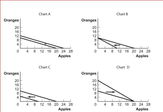 Figure: Budget Lines for Oranges and Apples      (Figure: Budget Lines for Oranges and Apples) Look at the figures Budget Lines for Oranges and Apples.For some time, Antonio has had $5 per month to spend on oranges and apples.The price of an orange is $0.50 and the price of an apple is $0.25.Which of the charts shows what will happen to his budget line if the price of an orange falls to $0.25?  A.Chart A B.Chart B C.Chart C D.Chart D