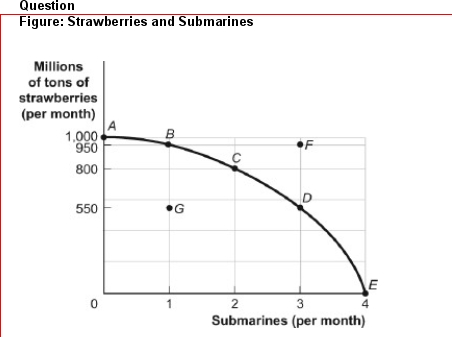     (Figure: Strawberries and Submarines) Look at the figure Strawberries and Submarines.As the economy moves from point A toward point D, it will find that the opportunity cost of each additional submarine:  A.falls. B.rises. C.remains unchanged.