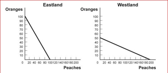 Figure: Comparative Advantage Eastland and Westland produce only two goods, boxes of peaches and boxes of oranges, and this figure shows each nation's production possibility frontier for the two goods.     (Figure: Comparative Advantage) Look at the figure Comparative Advantage.Westland has a comparative advantage in producing:  A.oranges only. B.peaches only. C.both oranges and peaches. D.neither oranges nor peaches.
