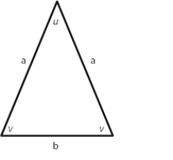 For the isosceles triangle shown, suppose a = 7.5 and b = 1.5. Evaluate v to the nearest tenth degree.   