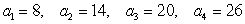 Write the first four terms of the sequence defined by the recursion formula. Assume the sequence begins at 1. A<sub>1</sub> = 2 a<sub>n</sub> = a<sub>n-1</sub> + 6 A)    B)    C)    D)   