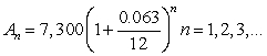 Lynn sells her car freshman year and puts $7,300 in an account that earns 6.3% interest compounded monthly. The balance in the account after n months is   Calculate A<sub>12. </sub>What does A<sub>12</sub> represent? A)  $7,338.32, A<sub>12</sub> represents the balance in 12 months or 1 year. B)  $7,773.41, A<sub>12</sub> represents the balance in 12 years. C)  $7,773.41, A<sub>12</sub> represents the balance in 12 months or 1 year. D)  $88,059.90, A<sub>12</sub> represents the balance in 12 months or 1 year.