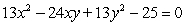 (a) Identify the type of conic by the discriminant, (b) transform the equation in x and y into an equation in X and Y (without an XY term) by rotating the x- and y-axes by an angle of θ to arrive at the new X- and Y-axes, and (c) graph the resulting equation (showing both sets of axes).   