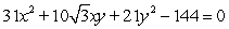 (a) Identify the type of conic by the discriminant, (b) transform the equation in x and y into an equation in X and Y (without an XY term) by rotating the x- and y-axes by an angle of θ to arrive at the new X- and Y-axes, and (c) graph the resulting equation (showing both sets of axes).   