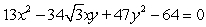(a) Identify the type of conic by the discriminant, (b) transform the equation in x and y into an equation in X and Y (without an XY term) by rotating the x- and y-axes by an angle of θ to arrive at the new X- and Y-axes, and (c) graph the resulting equation (showing both sets of axes).   