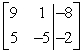 Write the system of linear equations as an augmented matrix. -8x + 9y = 1 -2x + 5y = -5 A)    B)    C)    D)   