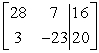 Write the system of linear equations represented by the augmented matrix. Utilize the variables x, y, and z.   A)  28x - 7y = 16 3x+ 23y = 20 B)  28x + 7y = 16 3x - 23y = 20 C)  3x + 7y = 16 28x - 23y = 20 D)  28x + 23y = 20 3x - 20y = 16