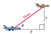 Midair Refueling Below is an enactment of the mid-air military aircraft refueling scenario. Assume the elevation angle that the hose makes with the plane being fueled is θ = 36°. If the smallest acceptable altitude difference a between the two planes is 210 feet, how long should the hose be? Round to the nearest foot.   