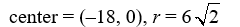 Find the center and radius of the circle with equation (x + 18) <sup>2</sup> + y<sup>2</sup> = 72. A)  center = (-18, 0) , r = 72 B)    C)  center = (18, 0) , r = 72 D)   