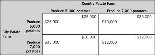 The accompanying table shows two firms in a single- stage duopoly game.Each firm makes its decision without knowledge of the other firm's decision.The payoffs for each firm represent economic profits,and each firm strictly prefers more economic profit than less.Assume firms are not able to collude.The Nash equilibrium total quantity of potatoes on the market is:   A) 12,000 B) 4,000 C) 10,000 D) 14,000 E) 24,000