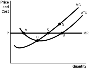 Refer to the accompanying figure.Point _________ corresponds to the profit-maximizing quantity that a competitive firm would produce.   A) A B) B C) C D) D E) E