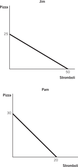 The accompanying figures depict the production possibilities frontiers (PPFs) for two people who can allocate the same amount of time between making pizzas and making stromboli.Which statement about comparative advantage is true?   A) Jim has a comparative advantage in the production of stromboli because his opportunity cost is lower. B) Jim has a comparative advantage in the production of stromboli because his opportunity cost is higher. C) Jim has a comparative advantage in the production of pizzas because his opportunity cost is lower. D) Jim has a comparative advantage in the production of pizzas because his opportunity cost is higher. E) Jim has a comparative advantage in the production of both pizzas and stromboli.