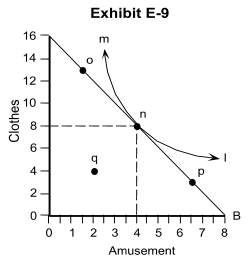   -Refer to Exhibit E-9. Which of the following points is least preferred, given the consumer's budget and the set of prices? A)  m B)  n C)  o D)  p E)  q