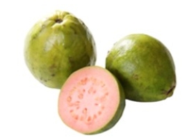 Identify the fruit.   A)  red grapefruit B)  grapes C)  guava D)  kiwi