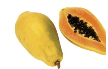 Identify the fruit.   A)  papaya B)  passion fruit C)  peaches D)  pears