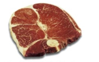 Identify the fabricated cuts of beef. Choose the correct name for this fabricated cut of meat.   A)  beef round steak B)  beef shank, cross cuts C)  beef rib steak D)  beef boneless strip loin E)  beef short loin